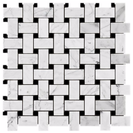Carrara 1"x2" Basketweave w/ Black Dot Polished Marble Mosaic
